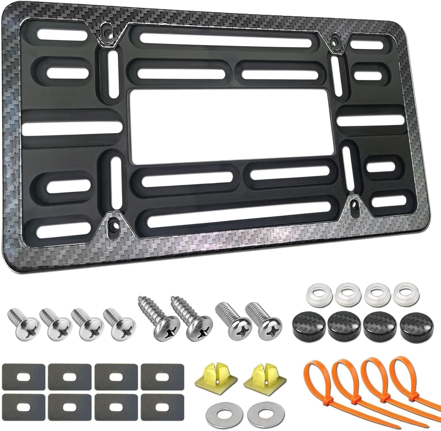 Front License Plate Mounting Kit- Carbon Fiber License Plate Frame and Universal Bracket for 2 Hole Front Bumper, Black Aluminum Car Tag Holder Adapter