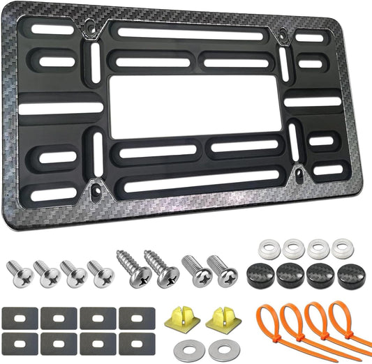 Front License Plate Mounting Kit- Carbon Fiber License Plate Frame and Universal Bracket for 2 Hole Front Bumper, Black Aluminum Car Tag Holder Adapter