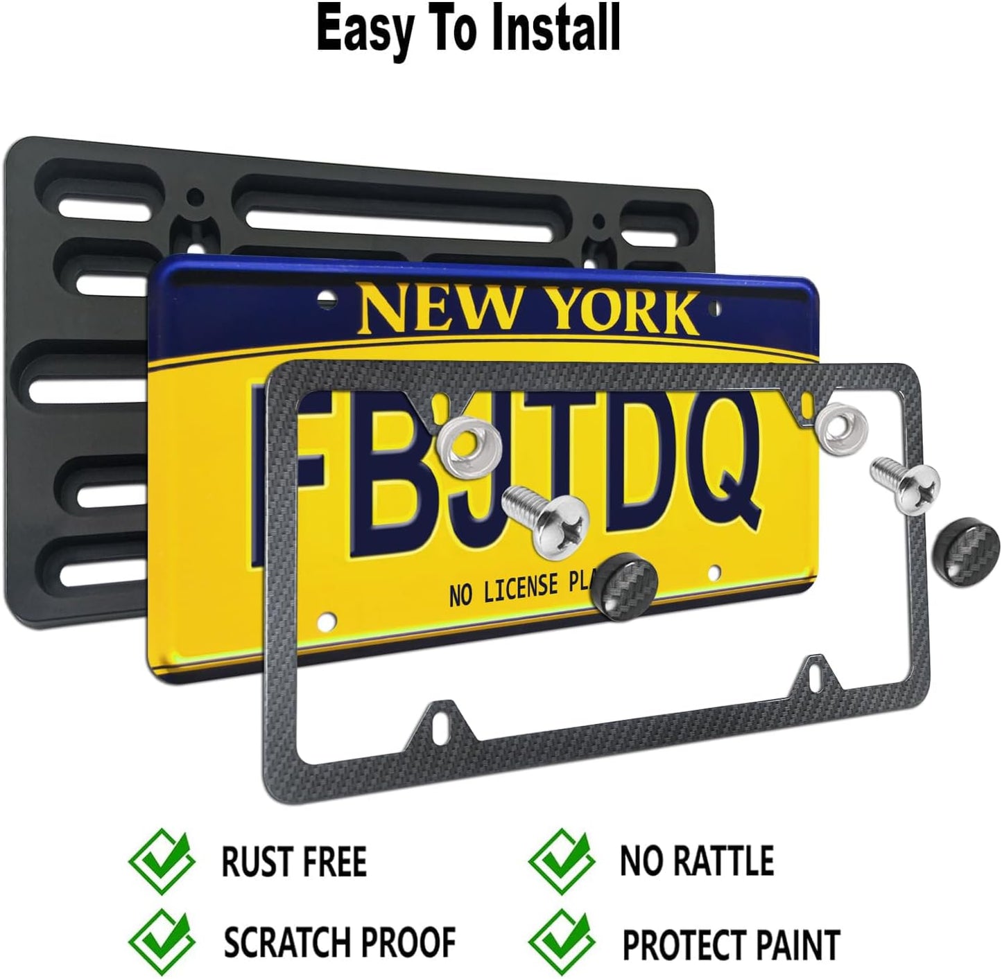 Front License Plate Mounting Kit- Carbon Fiber License Plate Frame and Universal Bracket for 2 Hole Front Bumper, Black Aluminum Car Tag Holder Adapter