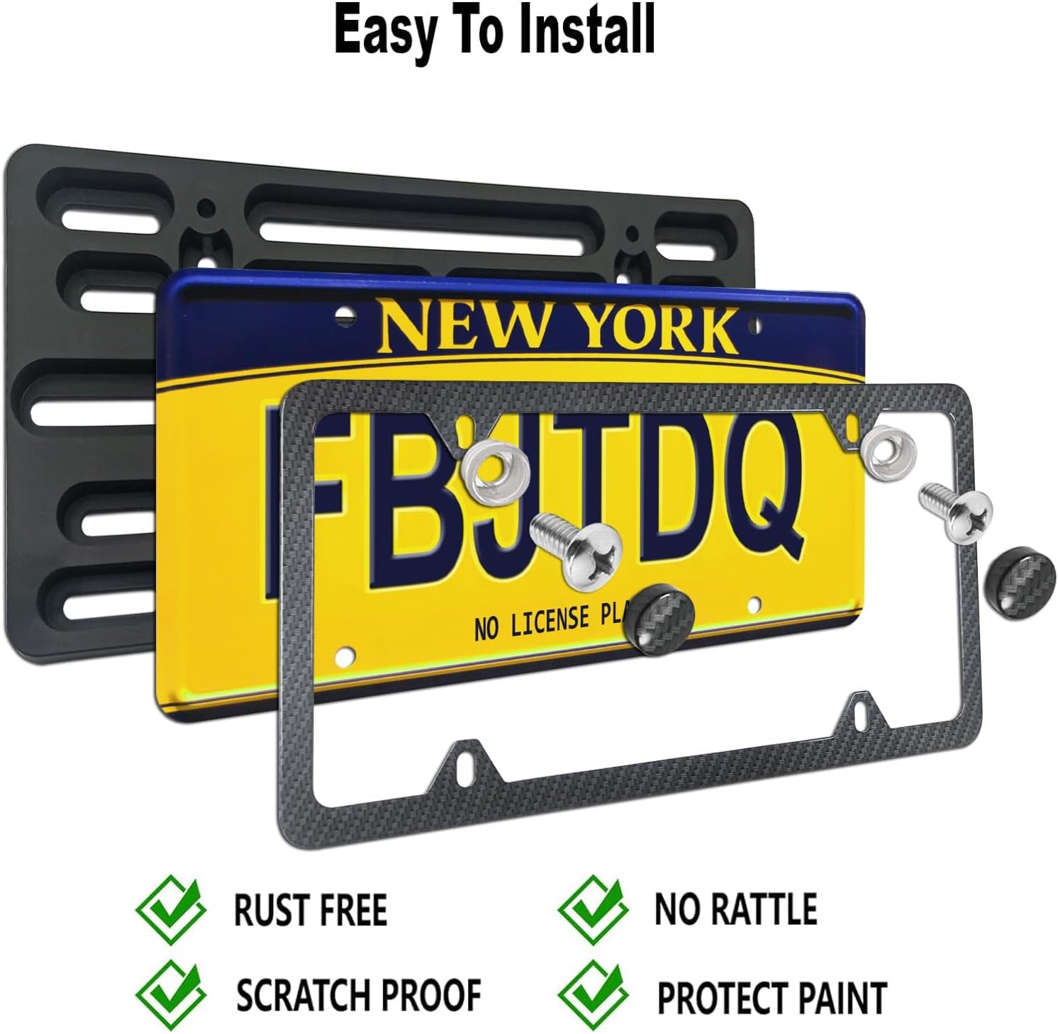 Front License Plate Mounting Kit- Carbon Fiber License Plate Frame and Universal Bracket for 2 Hole Front Bumper, Black Aluminum Car Tag Holder Adapter
