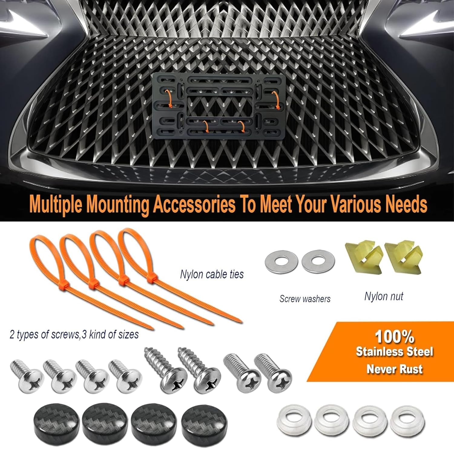 Front License Plate Mounting Kit- Carbon Fiber License Plate Frame and Universal Bracket for 2 Hole Front Bumper, Black Aluminum Car Tag Holder Adapter