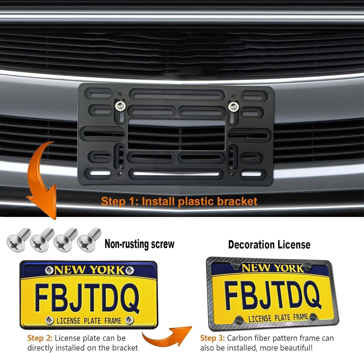 Front License Plate Mounting Kit- Carbon Fiber License Plate Frame and Universal Bracket for 2 Hole Front Bumper, Black Aluminum Car Tag Holder Adapter